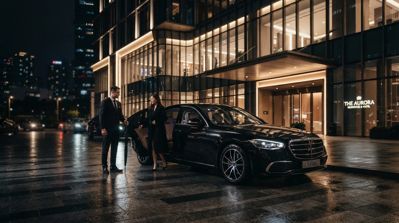 Luxury chauffeur-driven executive sedan at night